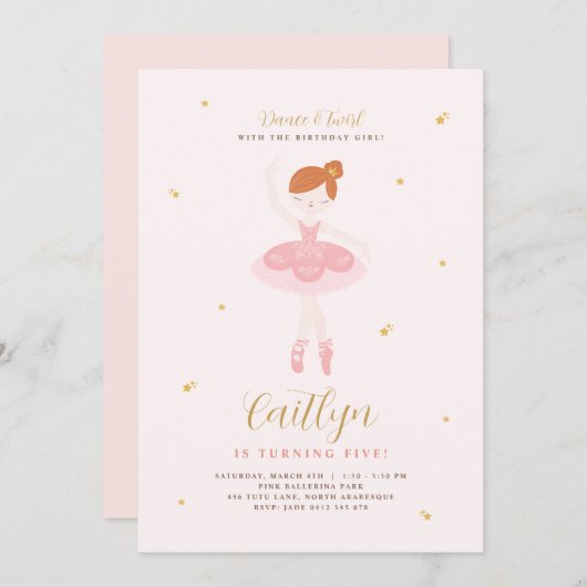 ピンク&金ゴールドバレリーナ誕生日招待状 招待状 (正面/裏面)