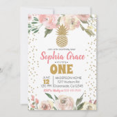 ピンク&金ゴールドパイナップル誕生日ルアウ（ハワイ式宴会） 招待状 (正面)