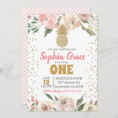 ピンク&金ゴールドパイナップル誕生日ルアウ（ハワイ式宴会） 招待状 (正面/裏面)