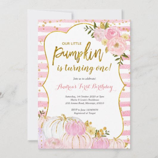 ピンク&金ゴールドパンプキンファースト誕生日招待状 招待状 (正面)