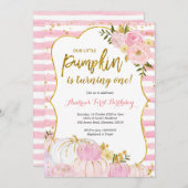 ピンク&金ゴールドパンプキンファースト誕生日招待状 招待状 (正面/裏面)