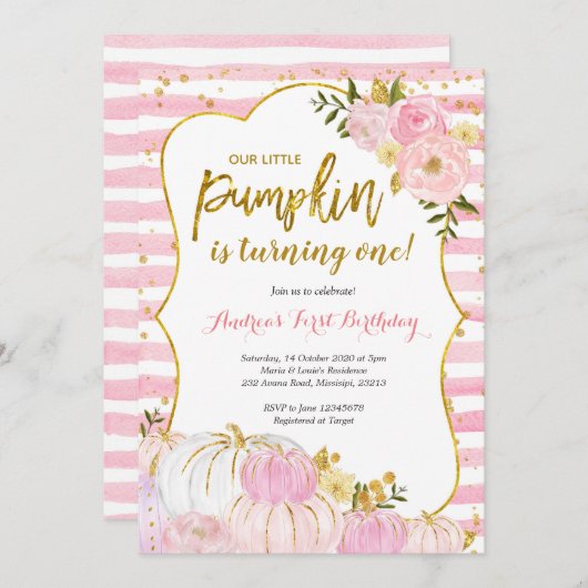 ピンク&金ゴールドパンプキンファースト誕生日招待状 招待状 (正面/裏面)