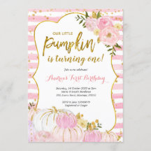 ピンク&金ゴールドパンプキンファースト誕生日招待状