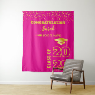 ピンク&金ゴールドパーソナライズされた卒業パーティーカスタム タペストリー