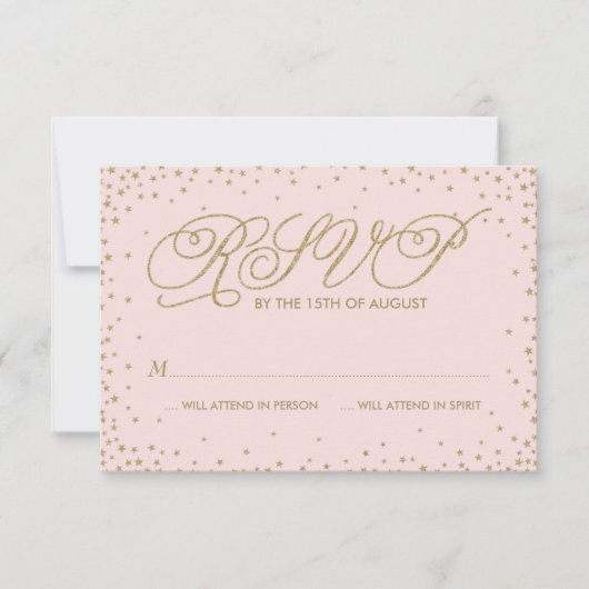 ピンク&金ゴールドファンシースターウェディングRSVPカード 出欠カード (正面)