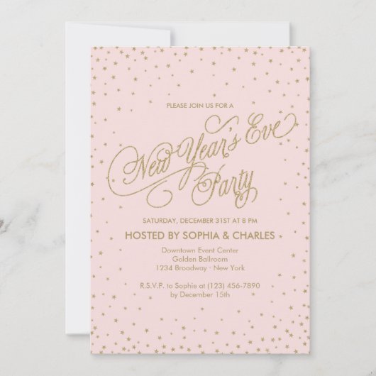 ピンク&金ゴールドファンシースターズ大晦日パーティー 招待状 (正面)