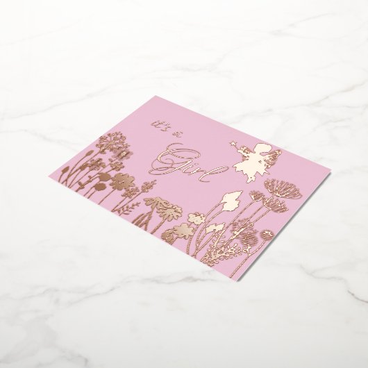 ピンク |金ゴールドフェアリー女の子の誕生発表 箔招待状ポストカード (回転した状態)