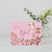 ピンク |金ゴールドフェアリー女の子の誕生発表 箔招待状ポストカード (立ち正面)