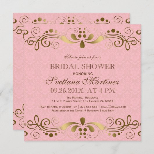 ピンク&金ゴールドフェイクフローラレースブライダルシャワー招待状 招待状 (正面/裏面)