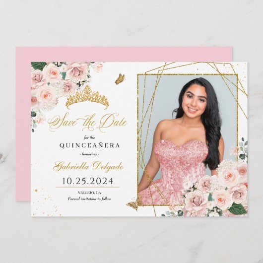 ピンク&金ゴールドフォトカードキンセアニラ日付を保存 招待状 (正面/裏面)