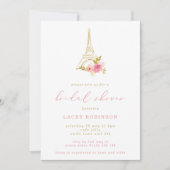 ピンク&金ゴールドフローラエッフェルタワーブライダルシャワー 招待状 (正面)