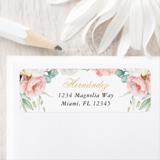 ピンク&金ゴールドフローラキンセアニラ差出人住所 ラベル (インサイチュ)
