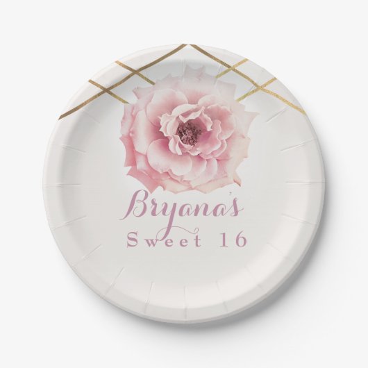 ピンク&金ゴールドフローラグラムブライダルシャワーカスタムパーティー ペーパープレート (正面)
