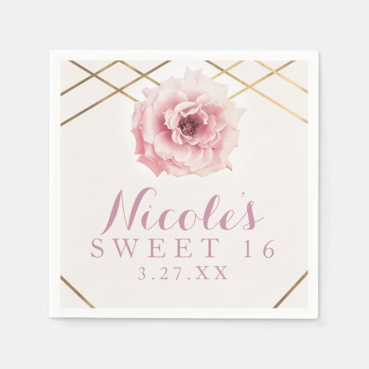 ピンク&金ゴールドフローラグラムブライダルシャワーパーティー スタンダードカクテルナプキン (正面)
