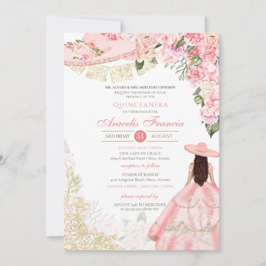 ピンク&金ゴールドフローラチャラウェスタンキンセアニェラ 招待状 (正面)