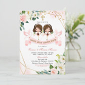 ピンク&金ゴールドフローラツインガールファースト聖餐式 招待状 (スタンド正面)