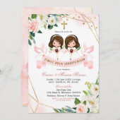 ピンク&金ゴールドフローラツインガールファースト聖餐式 招待状 (正面/裏面)