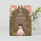 ピンク&金ゴールドフローラバラスウィートガールウッド誕生日 招待状 (スタンド正面)