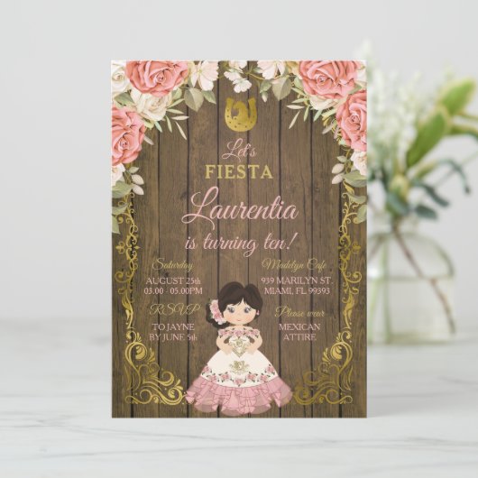 ピンク&金ゴールドフローラバラスウィートガールウッド誕生日 招待状 (スタンド正面)