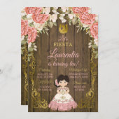 ピンク&金ゴールドフローラバラスウィートガールウッド誕生日 招待状 (正面/裏面)