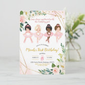 ピンク&金ゴールドフローラバレエガール誕生日 招待状 (スタンド正面)
