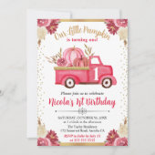 ピンク&金ゴールドフローラパンプキントラック秋1st誕生日 招待状 (正面)
