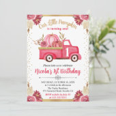 ピンク&金ゴールドフローラパンプキントラック秋1st誕生日 招待状 (スタンド正面)