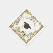 ピンク&金ゴールドフローラパーソナライズされた卒業パーティー スタンダードカクテルナプキン (角)