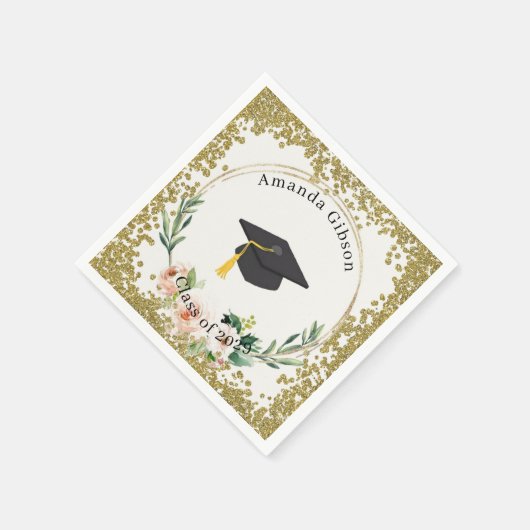 ピンク&金ゴールドフローラパーソナライズされた卒業パーティー スタンダードカクテルナプキン (角)
