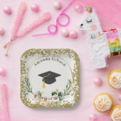 ピンク&金ゴールドフローラパーソナライズされた卒業パーティー ペーパープレート (パーティー)