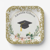 ピンク&金ゴールドフローラパーソナライズされた卒業パーティー ペーパープレート (正面)