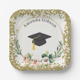 ピンク&金ゴールドフローラパーソナライズされた卒業パーティー ペーパープレート