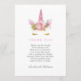 ピンク&金ゴールドフローラユニコーンガールベビーシャワー感謝してい サンキューカード