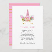 ピンク&金ゴールドフローラユニコーンガールベビーシャワー感謝してい サンキューカード (正面/裏面)