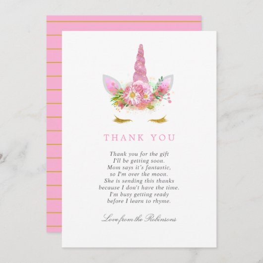 ピンク&金ゴールドフローラユニコーンガールベビーシャワー感謝してい サンキューカード (正面/裏面)