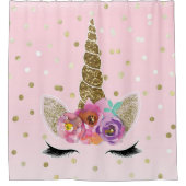 ピンク&金ゴールドフローラユニコーン金ゴールドグリッター女子 シャワーカーテン (正面)