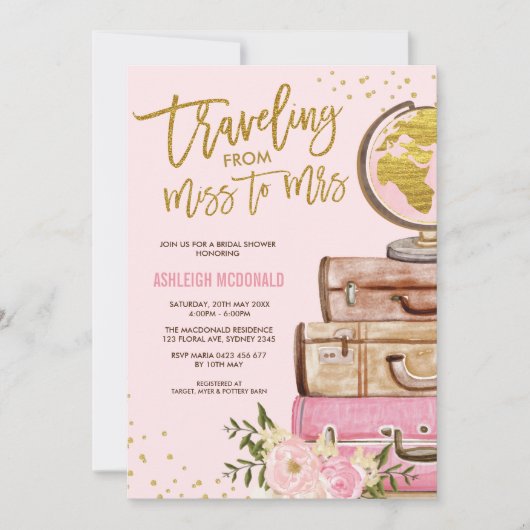 ピンク&金ゴールドフローラ旅行ブライダルシャワー 招待状 (正面)