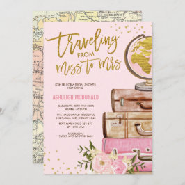 ピンク&金ゴールドフローラ旅行ブライダルシャワー 招待状