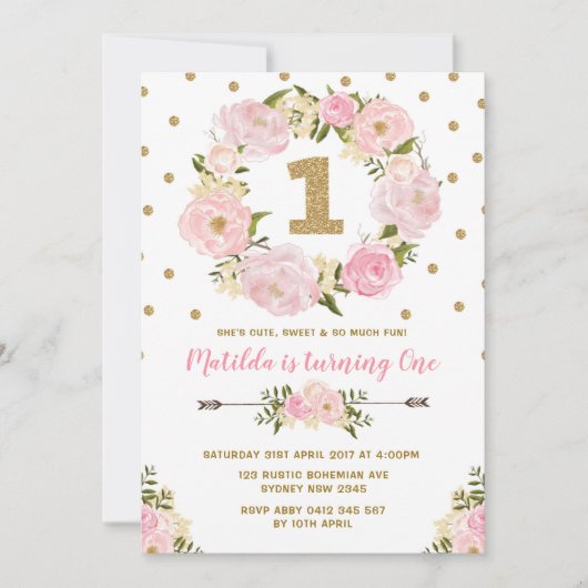 ピンク&金ゴールドフローラ第1誕生日パーティー招待状 招待状 (正面)