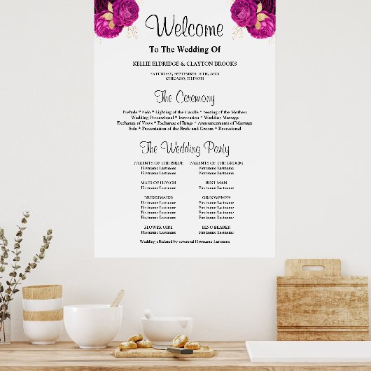 ピンク/金ゴールドフローラ結婚の式プログラムのサイン ポスター (キッチン)
