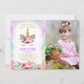 ピンク&金ゴールドフローラUnicornフォトバースデーパーティー 招待状 (正面)