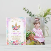 ピンク&金ゴールドフローラUnicornフォトバースデーパーティー 招待状 (スタンド正面)