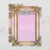 ピンク&金ゴールドプリンセスクラウンティアラ日付保存 案内ポストカード (正面/裏面)