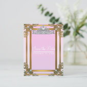 ピンク&金ゴールドプリンセスクラウンティアラ日付保存 案内ポストカード (スタンド正面)