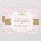 ピンク&金ゴールドプリンセスファースト誕生日 招待状 (正面/裏面)