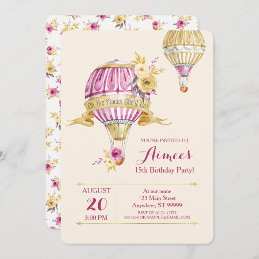 ピンク+金ゴールドホットエアバルーン誕生日招待状 招待状 (正面/裏面)