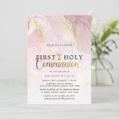 ピンク&金ゴールドマーブルガールファーストホリーコミュニオン 招待状 (スタンド正面)