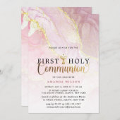 ピンク&金ゴールドマーブルガールファーストホリーコミュニオン 招待状 (正面/裏面)