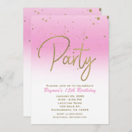 ピンク&金ゴールドモダングラム紙吹雪誕生日パーティー 招待状