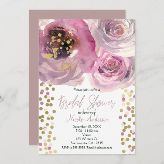 ピンク&金ゴールドモダンフローラ水彩ブライダルシャワー 招待状 (正面/裏面)